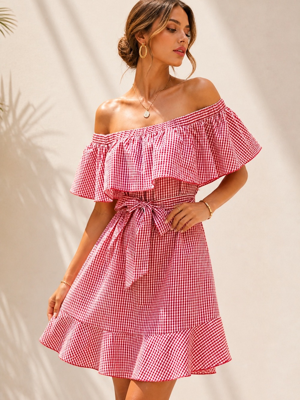 SHEIN Red Gingham One-Shoulder Ruffle Dress